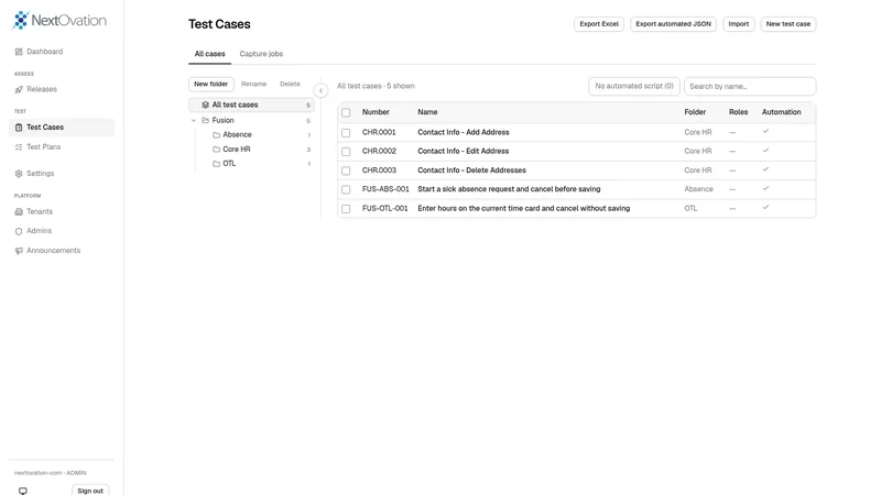 TSM Test Cases page with a folder tree for Fusion (Absence, Core HR, OTL) and a table of five test cases with number, name, folder and automation status.