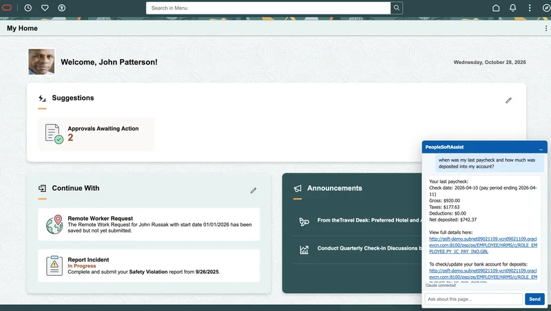 PeopleSoft My Home page with the PeopleSoftAssist chat panel open. The user asked when their last paycheck was and how much was deposited; the assistant lists the check date, gross, taxes, deductions and net deposited amounts, with links to view full details and to check or update the bank account.